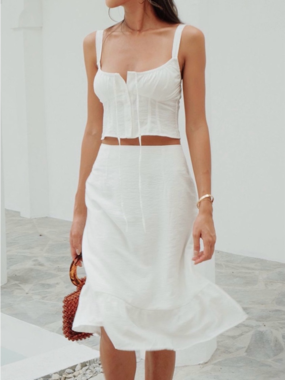 ✨COMMENSE✨ White Ruffle-Hem Midi Skirt Set - Women's